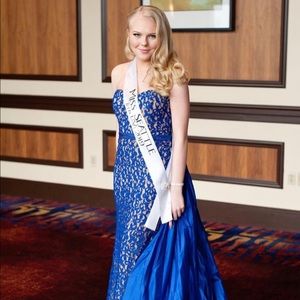 BLUE JOVANI LACE STRAPLESS GOWN WITH OVERSKIRT